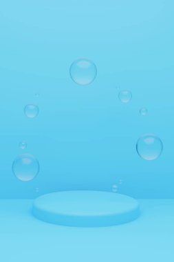Açık mavi zemin üzerinde silindirik geometrik podyum modeli ve havada yuvarlak cam toplar. Reklam amaçlı kozmetik ürünler için minimal moda tarzı. 3d resimleme.