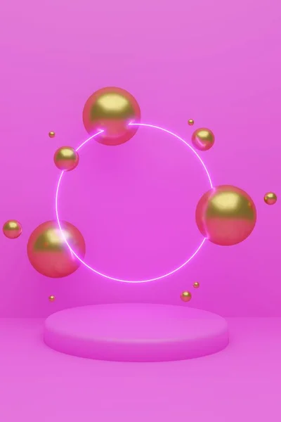 Cilindrische geometrische model podium op gekleurde achtergrond met gouden glinsterende ballen en lichtgevende cirkel achtergrondverlichting. Minimalistische stijl voor reclame cosmetica product. 3d illustratie weergeven. — Stockfoto