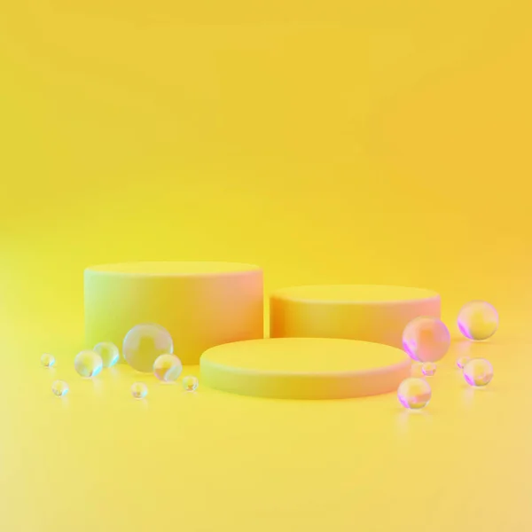 Drie cilindrische geometrische modellen van het podium op een gele lichtgevende achtergrond met ronde glazen ballen op de vloer. Minimalistische trendy stijl voor cosmeticareclame. 3d illustratie weergeven. — Stockfoto