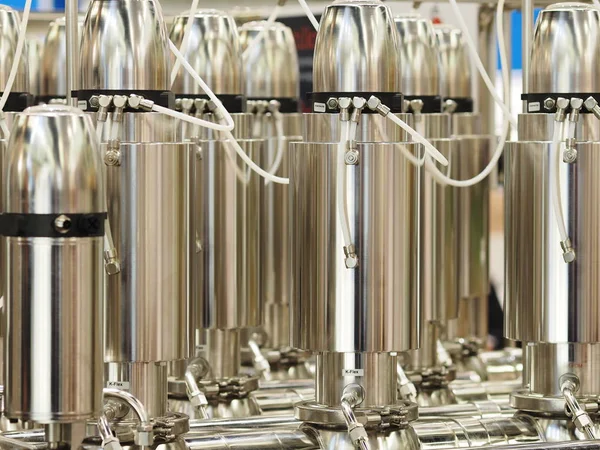 Vertical Cylinder Shaped Centrifuge Stainless Steel Tanks Cascade Arrangement — Stock Photo, Image