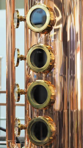 Copper Brass Complex Distillation Arrangement Inspection Windows — Stock Photo, Image