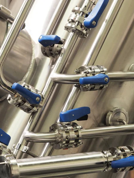 Industrial Stainless Steel Pipe Work Valves Blue Handles — Stock Photo, Image