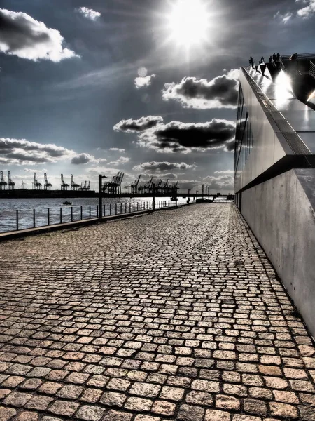 Harbour Area Hamburg River Cranes Buildings Dramatic Tone — Stock Photo, Image