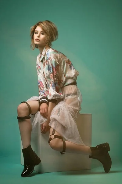 Une Fille Mannequin Avec Studio Dans Une Belle Robe Une Image En Vente