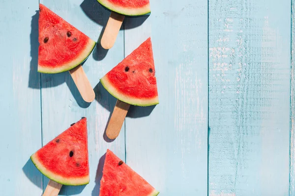 Slices Watermelon Blue Wooden Desk Copy Space — Stock Photo, Image