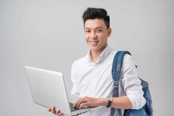 Счастливый Молодой Человек Ноутбуком Белом Фоне — стоковое фото
