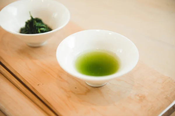 Japanse Sencha Thee Bladeren Bovenaanzicht Met Kopie Ruimte — Stockfoto