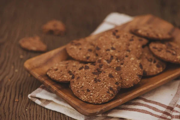 Bodegón Galletas Fritas Chocolate Recién Horneadas Plato Mesa —  Fotos de Stock