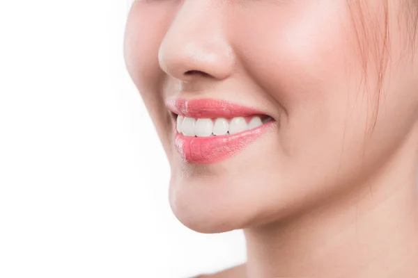 Bonito Sorriso Mulher Jovem Isolado Branco Dentes Brancos — Fotografia de Stock