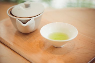 Japon Sencha çay yaprakları. Kopya alanı ile üstten görünüm