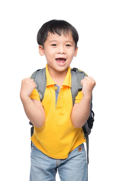 Jovem Asiático Menino Sorriso Gesto Mãos Pronto Para Escola — Fotografia de Stock