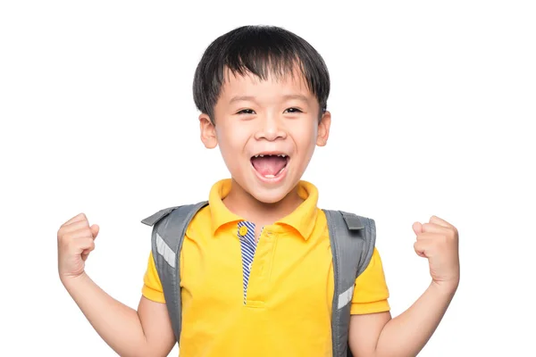 Joven Asiático Chico Sonrisa Gesto Manos Listo Escuela — Foto de Stock