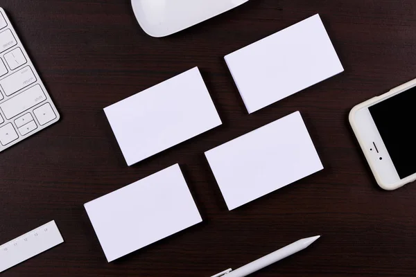 Working Place Wooden Table Top View Office Corporate Design Mockup — Stock Photo, Image