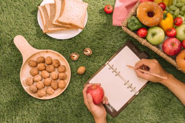 Piknik alanında yeşil doğa arka plan ile kırmızı ve beyaz ekose desenli kumaş üzerine yiyecek, ekmek, meyve ve portakal suyu ile hasır sepet. Piknik kavramı.