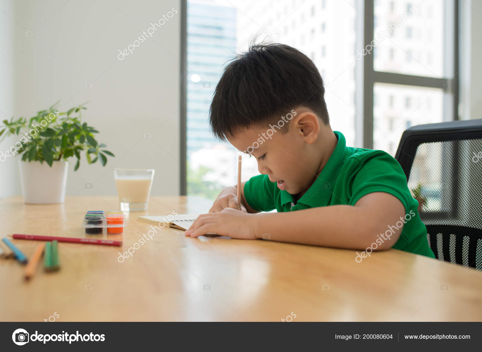 Cute Smiling Boy Doing Homework Coloring Pages Writing Painting