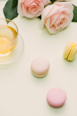 Renkli macaroons ve gül çiçekler açık yeşil çay ile. Tatlı macarons hediye kutusunda. Üstten görünüm