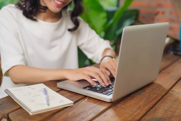 Happy Young Beautiful Woman Using Laptop Indoors — Stock Photo, Image