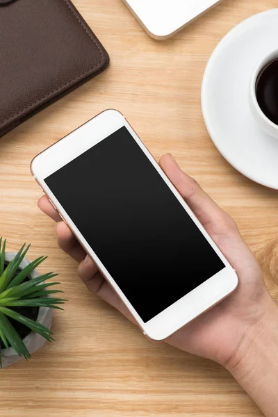 Top View People Using Mobile Phone Blank Screen Desk — Stock Photo, Image