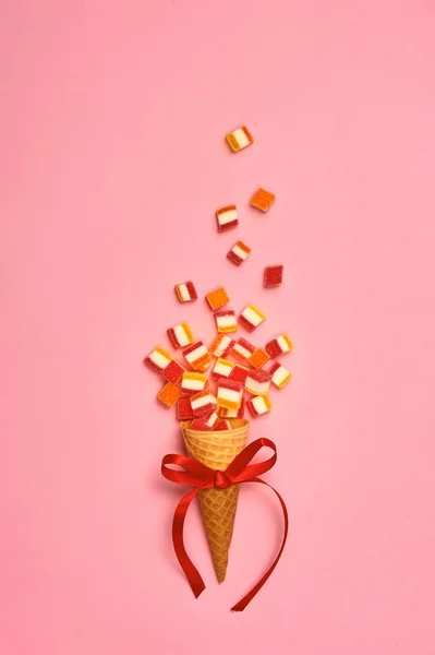 Flat Lay Ice Cream Cone Colorful Party Streamers Yellow Background — Stock Photo, Image