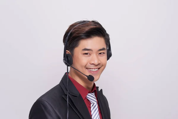 Joven Asiático Hombre Traje Usando Auricular —  Fotos de Stock