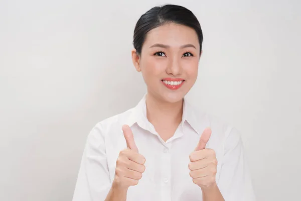 Asijské Obchodní Ženy Usmívá Bušit Rukou Znamení Pro Práci Bílém — Stock fotografie