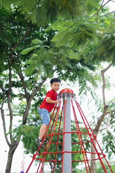 Little Boy Cap Climb Jungle Gym Park — Stock Photo, Image