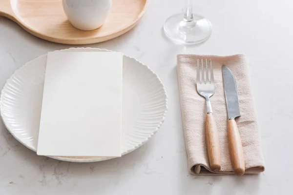 Table Decoration White Plates Fork Knife Grey Stone Plate — Stock Photo, Image