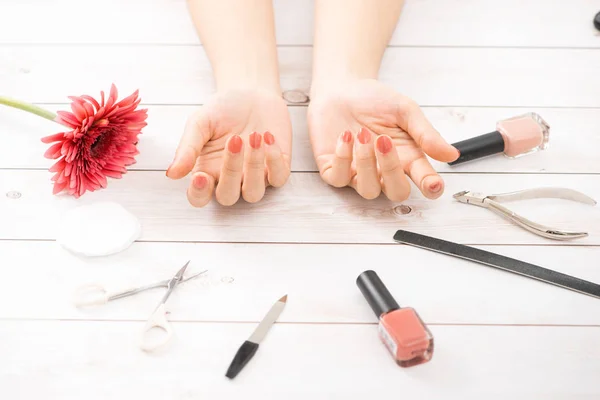 Nail Care Manicure Beautiful Female Hands Red Manicure — Stock Photo, Image