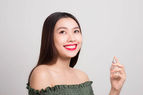 Beautiful Young Woman Bottle Perfume Home — Stock Photo, Image