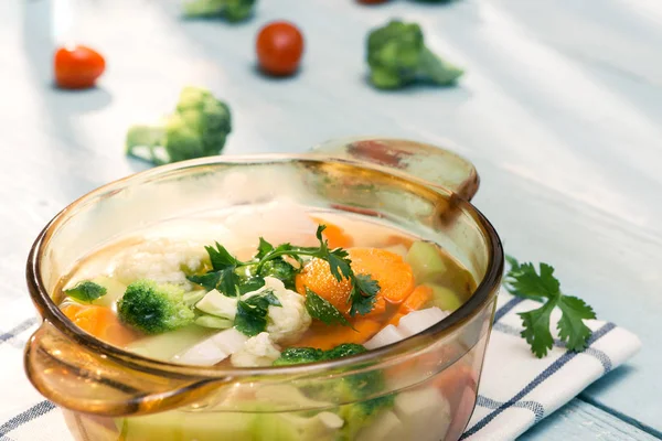 Assorted vegetables in glass pot on a napkin close up — Stock Image Assorted Vegetables Glass Pot Napkin Close Royalty Free Stock Images
