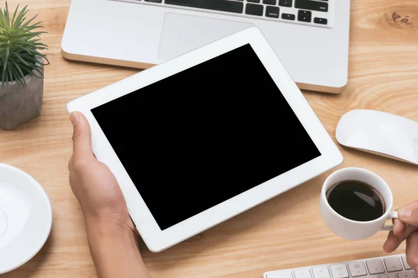 Mock Image Hand Holding Black Tablet White Blank Screen Coffee — Stock Photo, Image