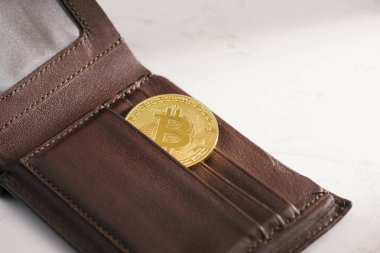 Metal bitcoins kahverengi deri cüzdan. Bitcoin - modern sanal