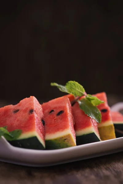 Fresh Sliced Watermelon White Dish Wooden Table — Stock Photo, Image