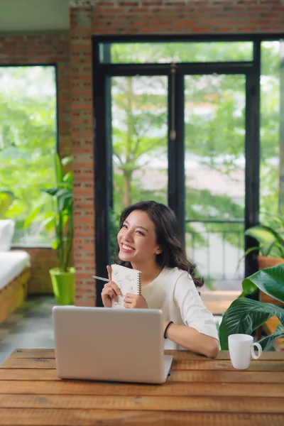 Happy Young Beautiful Woman Using Laptop Indoors — Stock Photo, Image