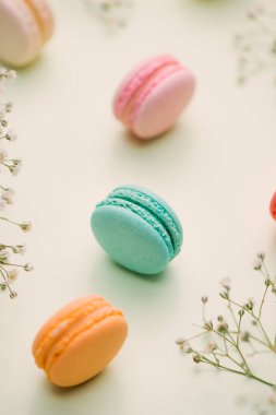 Sabah pasta macaron ve çiçek gypsophila yukarıdan açık yeşil arka planı üzerinde. Rahat kahvaltı. Düz yatıyordu stili.