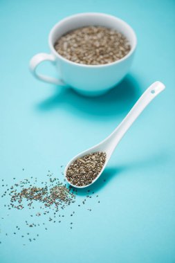 Fincan sağlıklı chia tohum ve kaşık. Metin alanı.