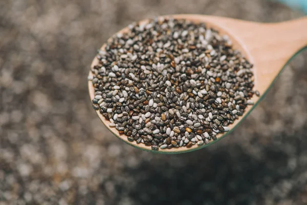 Close Van Ealthy Chia Zaden Een Lepel Tekst Ruimte — Stockfoto