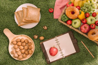 piknik sepeti meyve yaz parkta bir ekose üzerinde