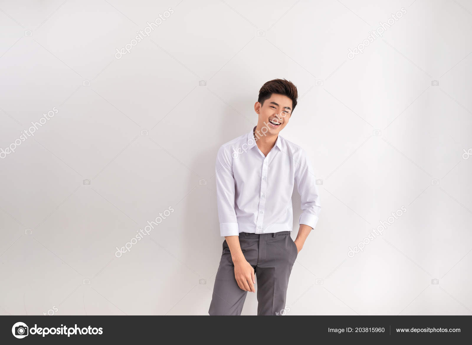 Portrait Happy Young Man Standing White Background Asian Man Hands