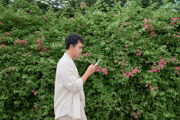 年轻的亚洲男子在休闲服装在夏季日和使用智能手机发送短信 — 图库照片