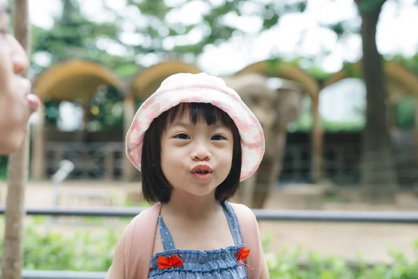 Linda Niña Observando Animales Zoológico Cálido Soleado Día Verano Niños — Foto de Stock