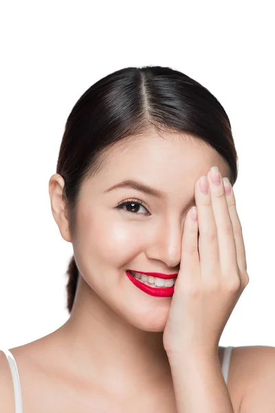 Mooie Aziatische Vrouw Met Retro Make Met Rode Lippen Geïsoleerd — Stockfoto