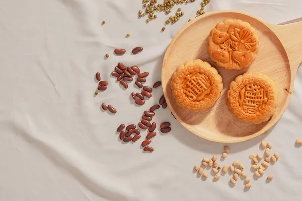 Lapos Feküdt Fogalmi Közép Őszi Fesztivál Élelmiszer Mooncakes Torta Jelent — Stock Fotó