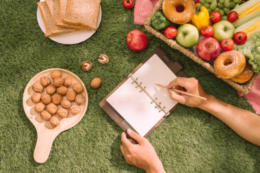 Piknik alanında yeşil doğa arka plan ile kırmızı ve beyaz ekose desenli kumaş üzerine yiyecek, ekmek, meyve ve portakal suyu ile hasır sepet. Piknik kavramı.