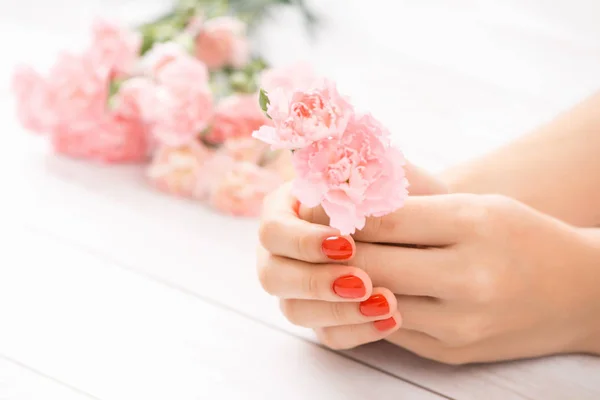 Female Hands Red Manicure Open Bottle Varnish Table — Stock Photo, Image