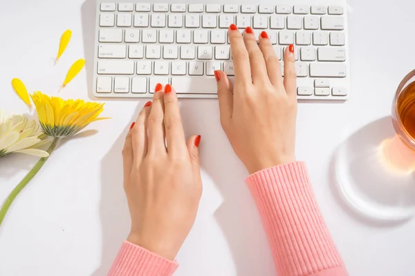 Women Hands Computer Keyboard Close Typing — Stock Photo, Image