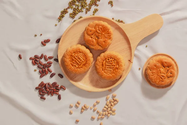 Lapos Feküdt Fogalmi Közép Őszi Fesztivál Élelmiszer Mooncakes Torta Jelent — Stock Fotó