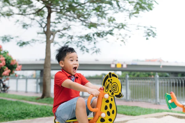 Aziatische Jongetje Spelen Speelplaats Zomer Buiten Park — Stockfoto