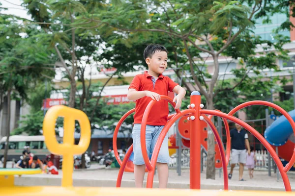 Little Asian Boy Riding Swing Rejoices — Stock Photo, Image