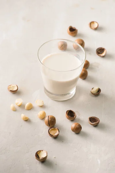 Superfood Organický Makadamovými Ořechy Sklenice Mléka Makadamie Kamenné Pozadí — Stock fotografie
